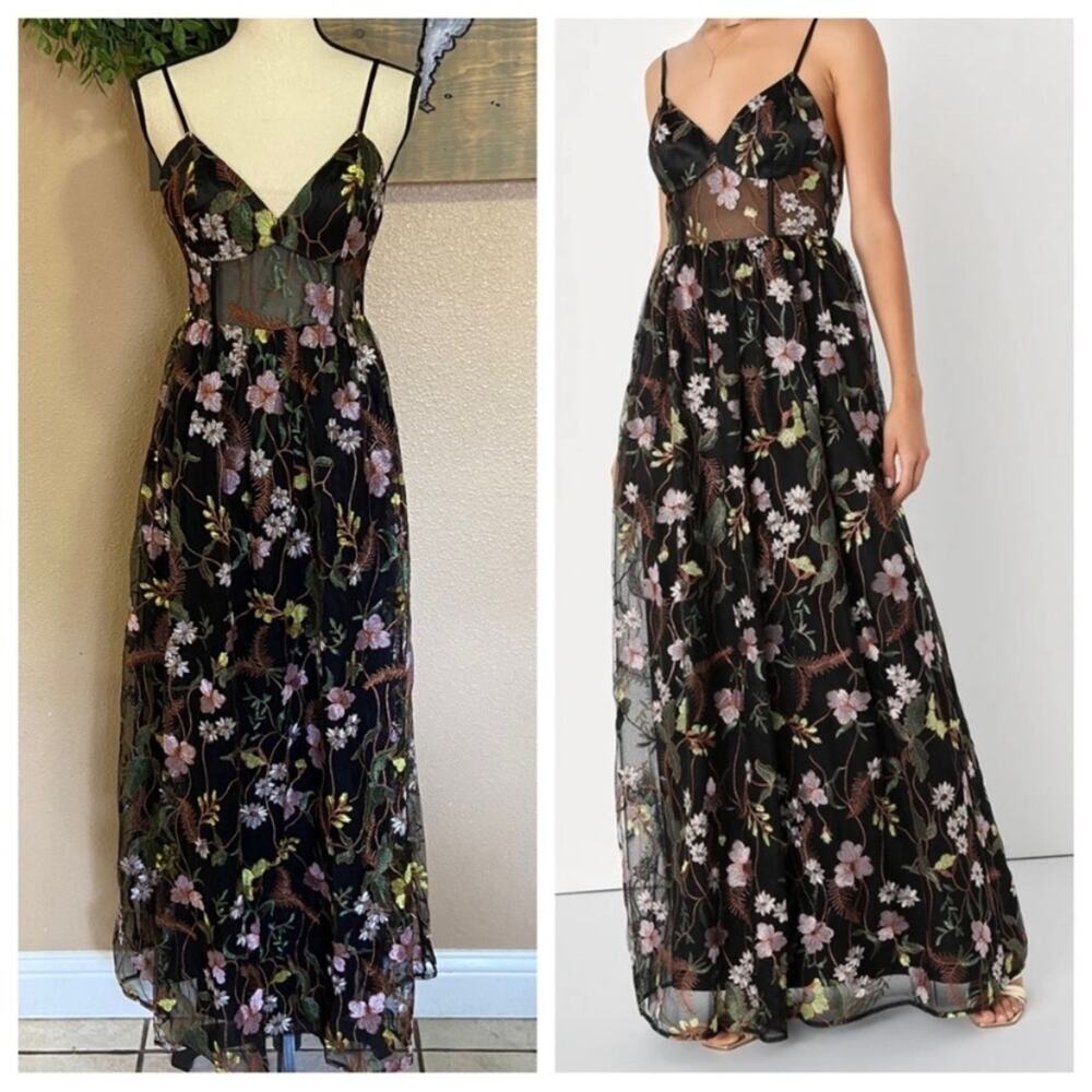 NWOT Lulus Radiant Fantasy Black Floral Embroidered Tulle Maxi Dress